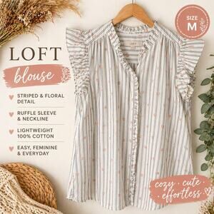 LOFT Blouse Medium White Stripe Floral Ruffle Sleeve Lightweight Top